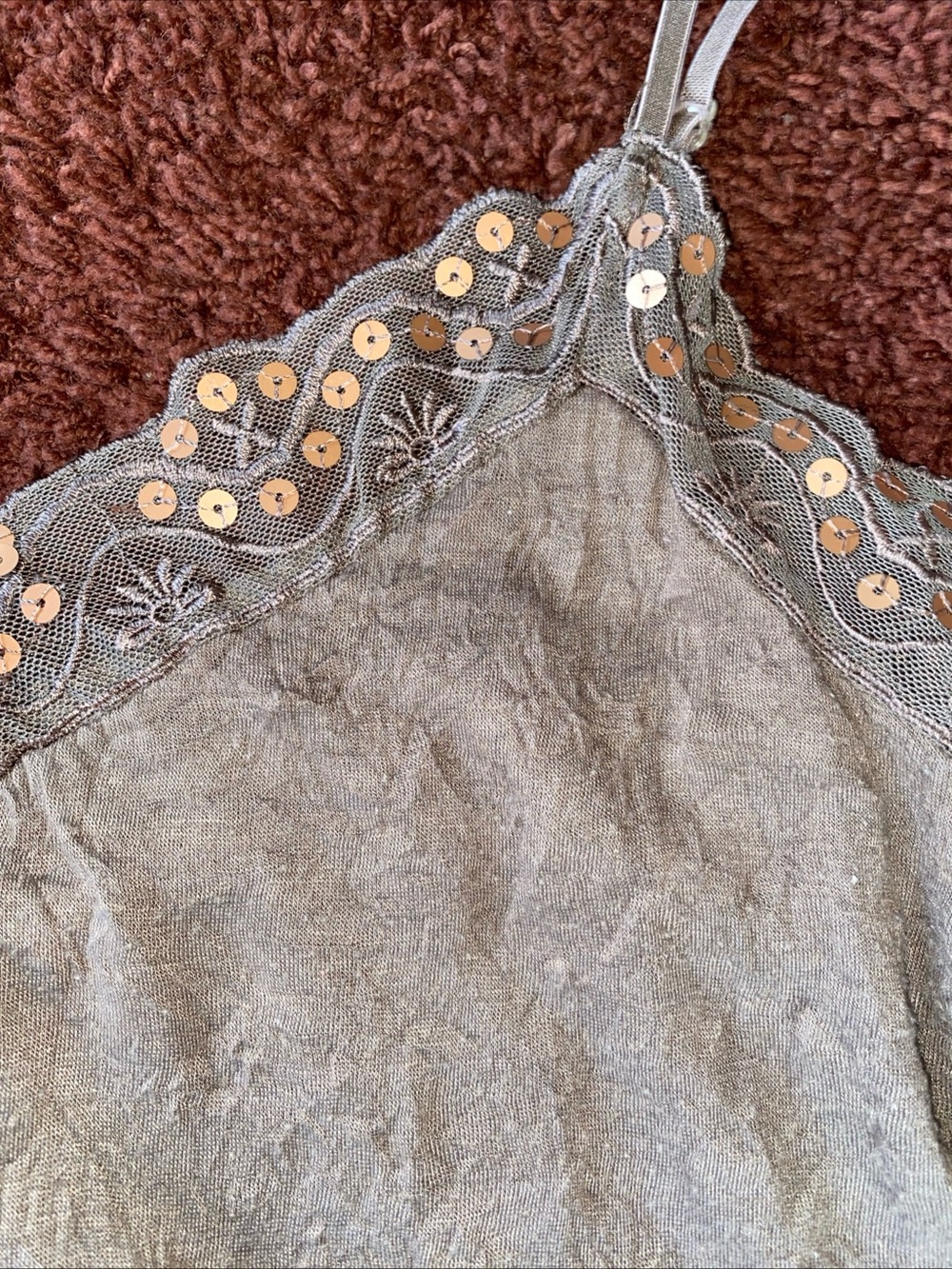 Y2K Weavers Camisole Tank Top Sz S Lace Sequin Crinkle Brown Boho Fairy Grunge - Picture 6 of 9